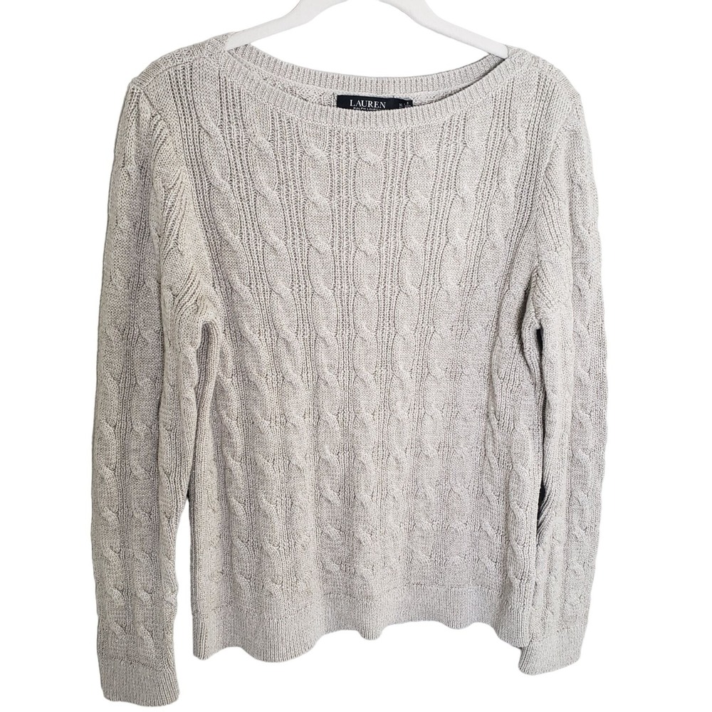 Lauren Ralph Lauren Black Label Woman Size XL Cream & Sparkle Cable Knit Sweater
